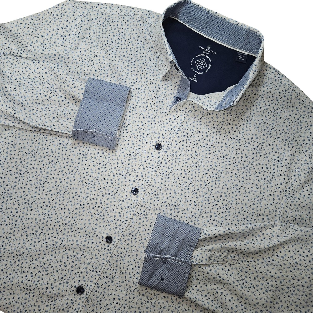 CON.STRUCT Flip Cuff‎ Shirt Men L Blue Floral Slim Fit Stretch Non Iron Dress